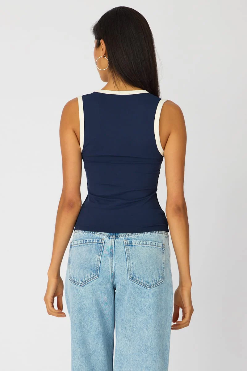 Blue Contrast Sleeveless V-neck Tank - Image 5