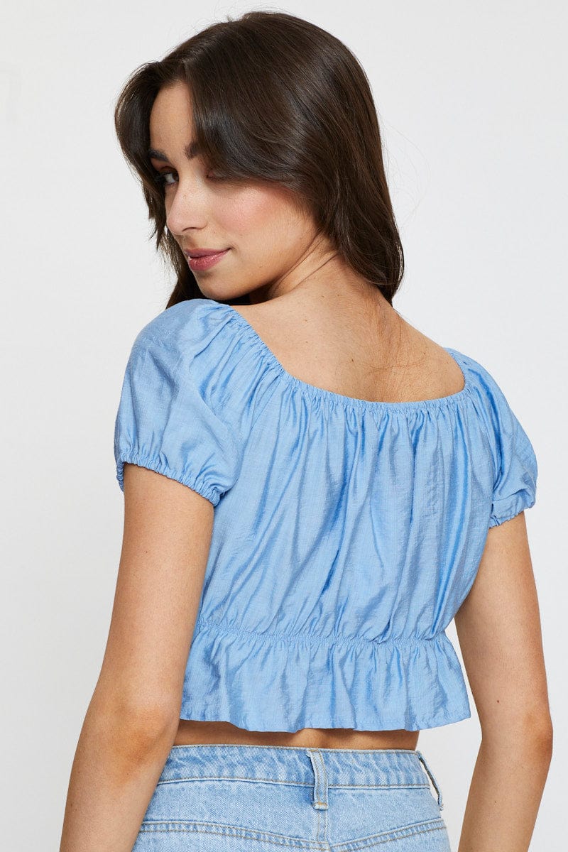 Blue Crop Top Short Sleeve Square Neck - Image 5