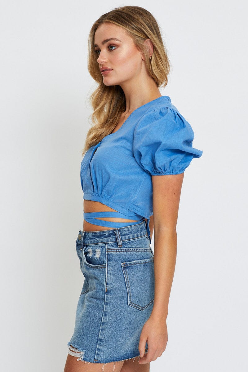 Blue Crop Top Short Sleeve Tie Up - Image 4