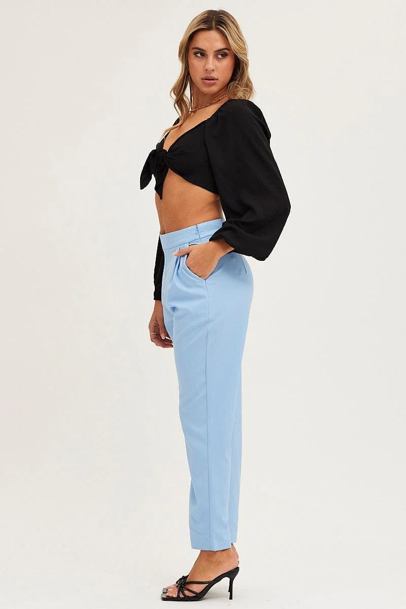 Blue Cropped Pants High Waist Workwear - Image 4