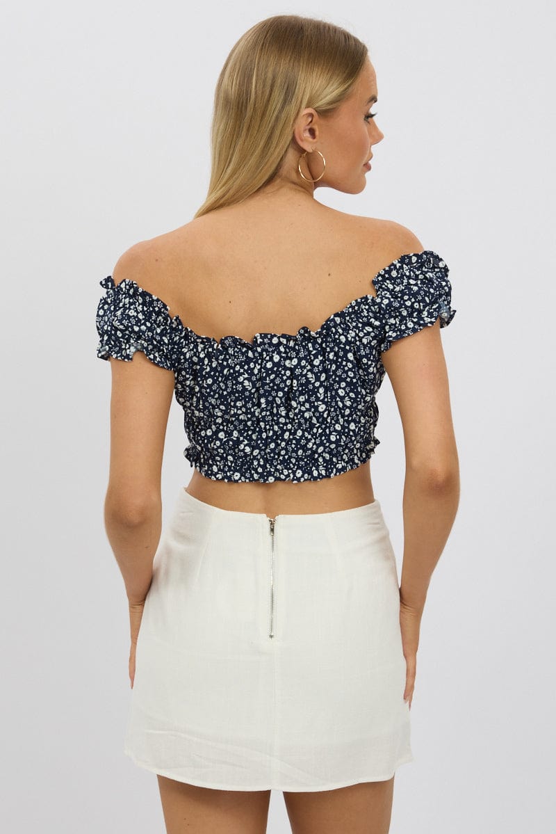 Blue Ditsy Crop Top Short Sleeve Ruched Bust - Image 5
