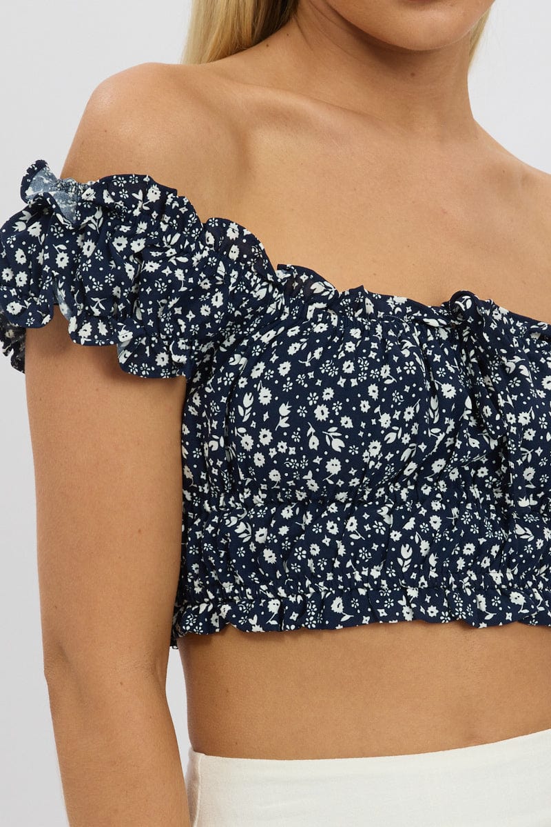Blue Ditsy Crop Top Short Sleeve Ruched Bust - Image 6