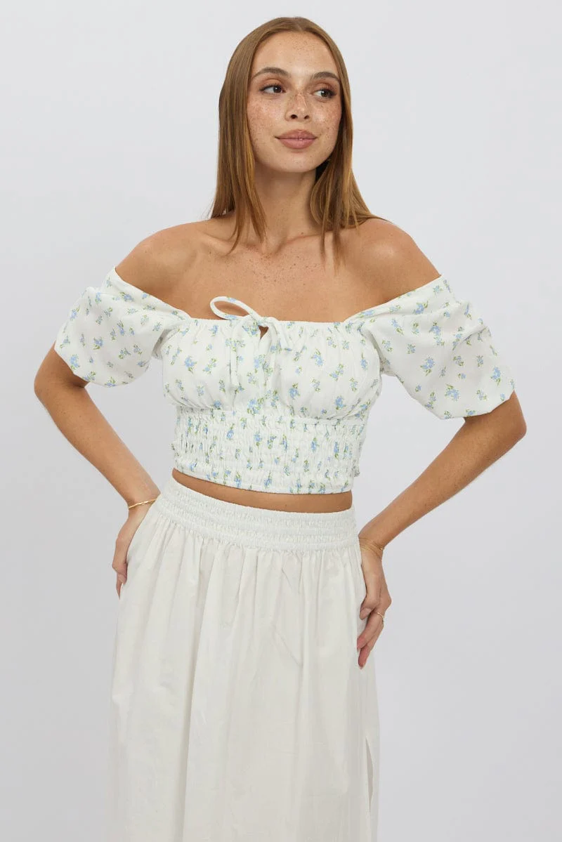 Blue Ditsy Crop Top Short Sleeve Shirred Waist - Image 3