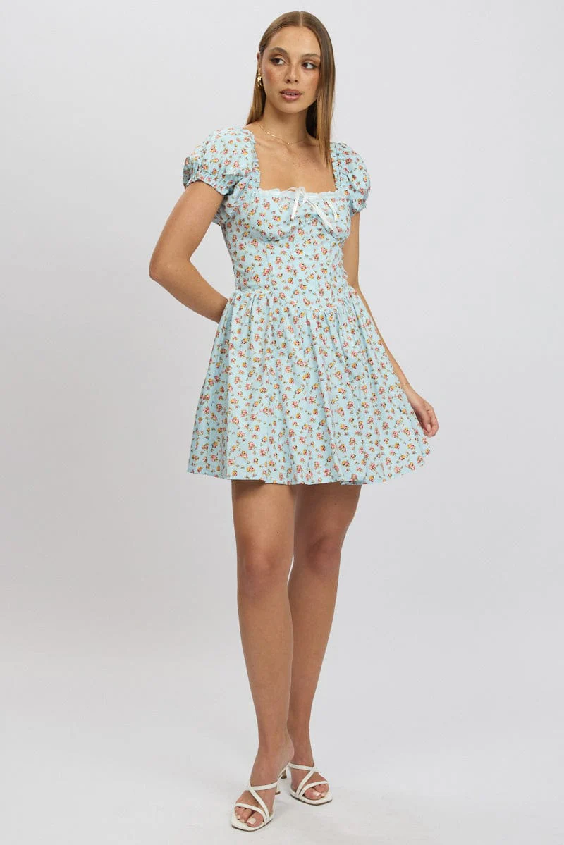 Blue Ditsy Fit And Flare Dress Corset Detail Mini - Image 2
