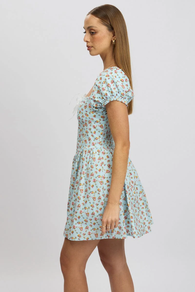 Blue Ditsy Fit And Flare Dress Corset Detail Mini - Image 4