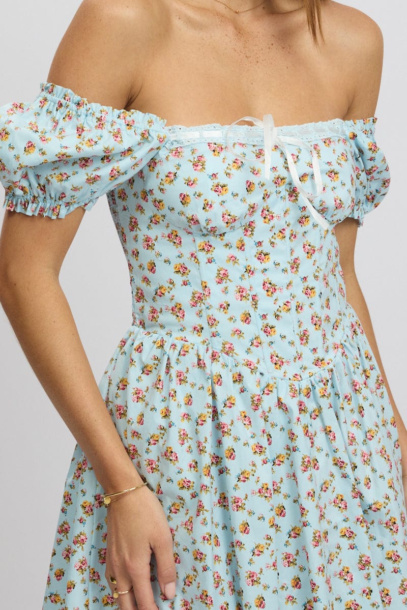 Blue Ditsy Fit And Flare Dress Corset Detail Mini - Image 6