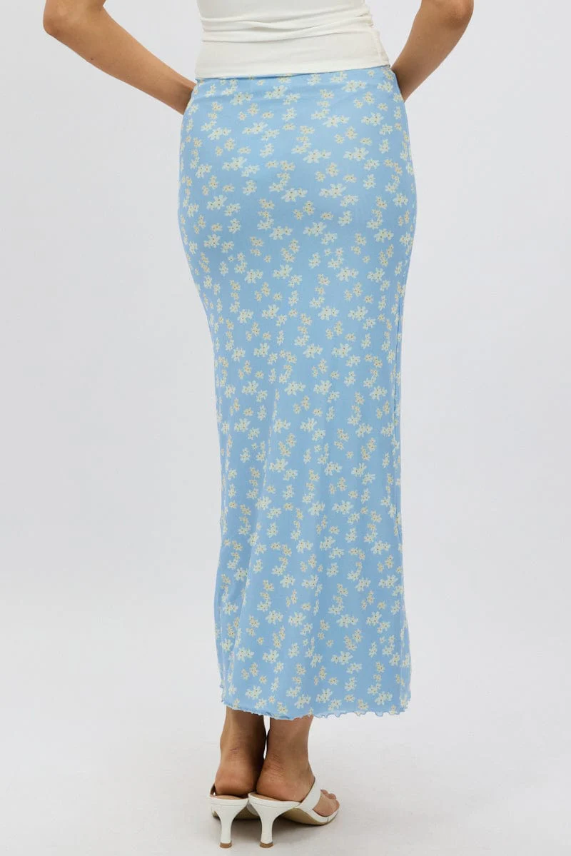 Blue Ditsy Maxi Skirt Elastic Waist Mesh Lined - Image 5