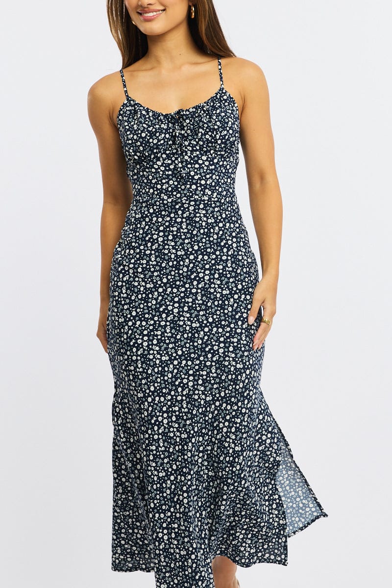 Blue Ditsy Midi Dress Gathering Bust Sleeveless - Image 5