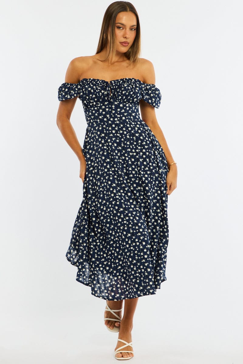 Blue Ditsy Midi Dress Puff Sleeve - Image 3