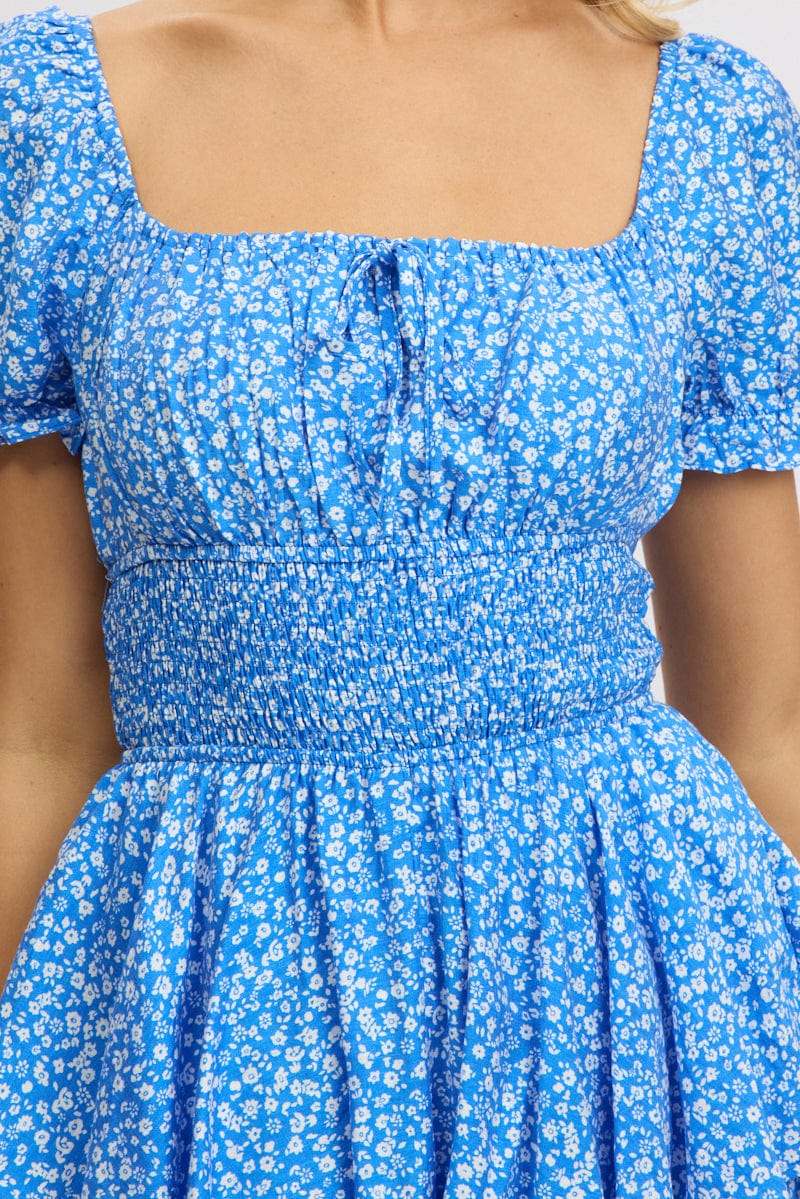Blue Ditsy Ruffle Playsuit Short Sleeve Ruched Bust - Image 6