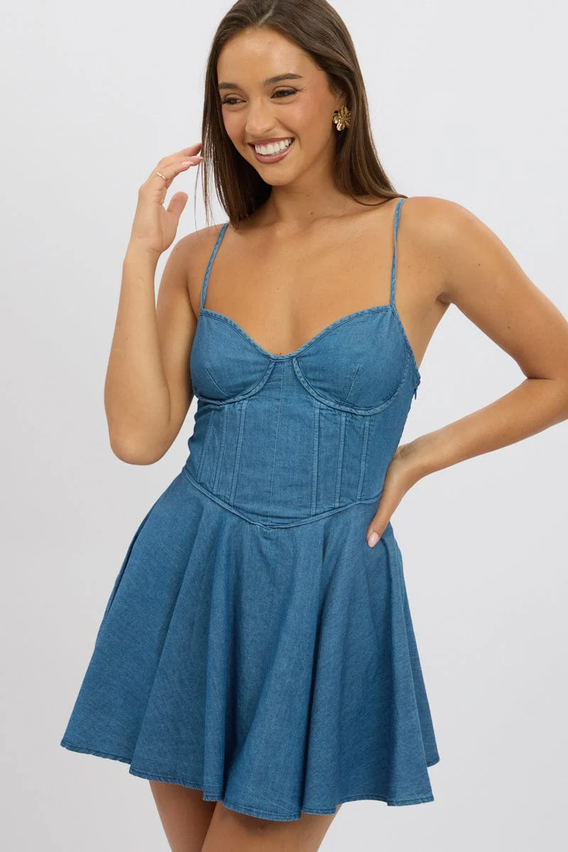 Blue Fit And Flare Dress Mini - Image 3