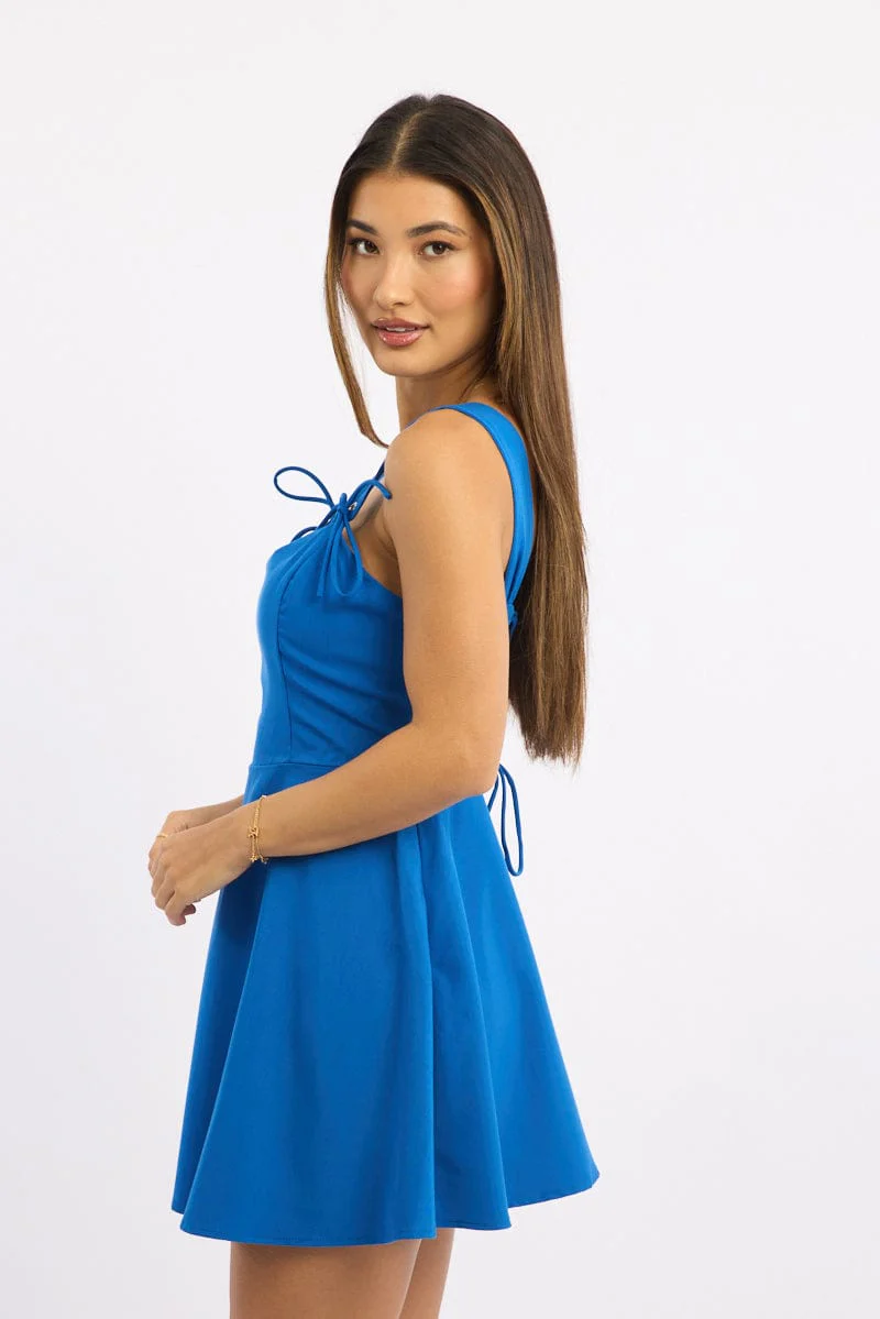 Blue Fit And Flare Dress Ribbon Detail - Image 3