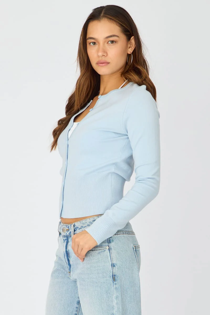 Blue Fitted Cardigan Long Sleeve Crew Neck - Image 4