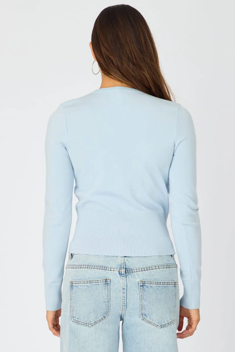 Blue Fitted Cardigan Long Sleeve Crew Neck - Image 5