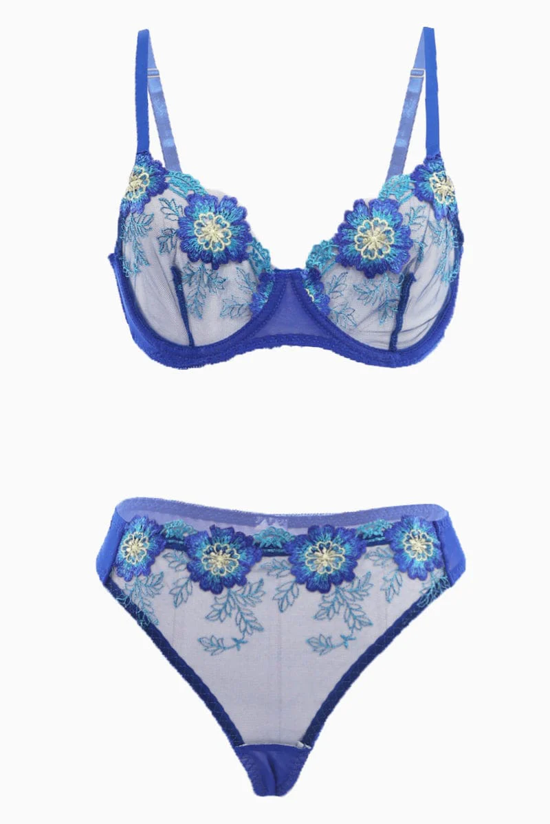 Blue Floral Embroidery Lingerie Set