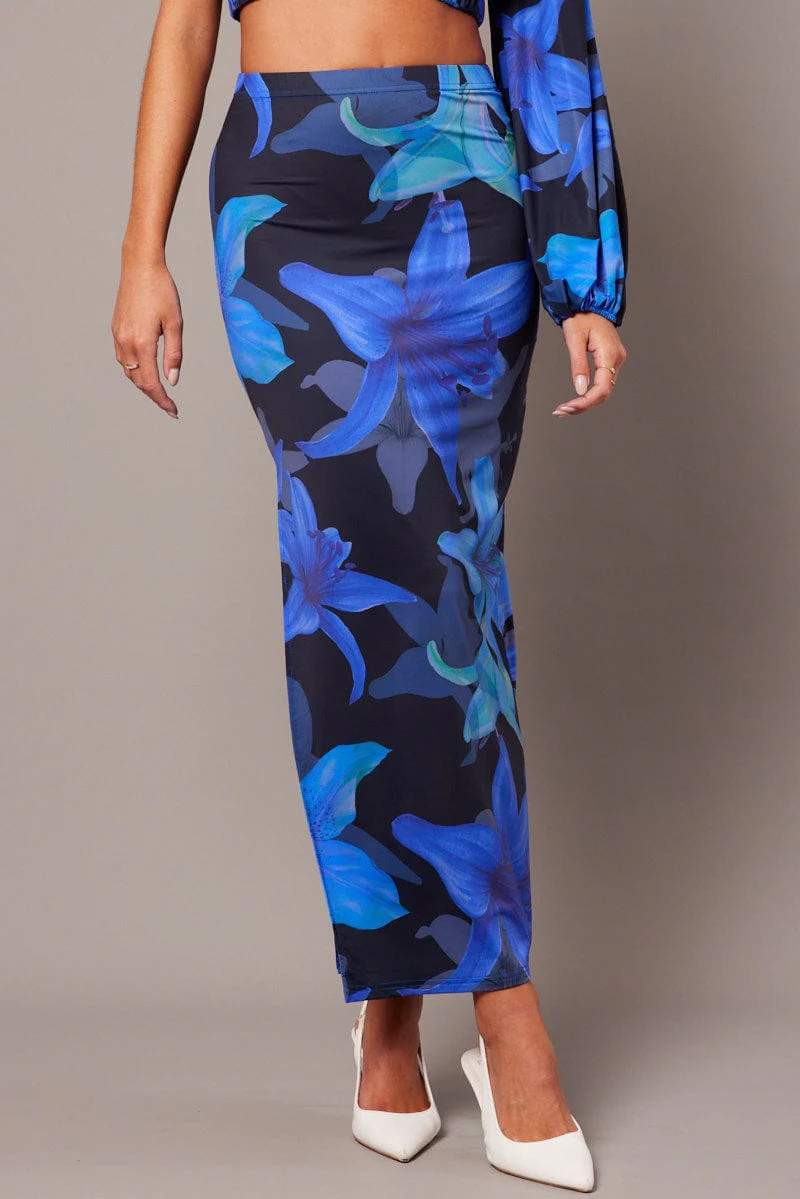 Blue Floral Maxi Skirt Tube Side Split Skirt - Image 3