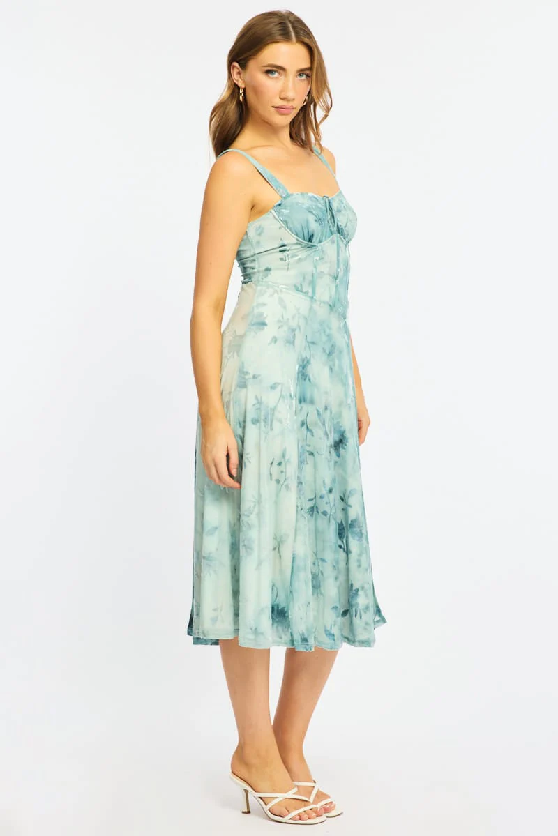 Blue Floral Midi Dress Gathered Bust - Image 4