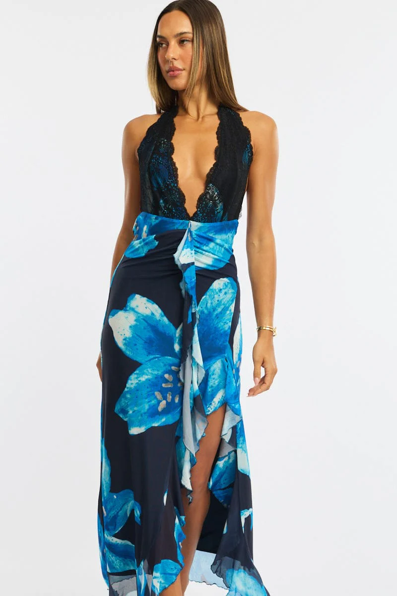 Blue Floral Midi Dress Halter Neck Mesh - Image 2