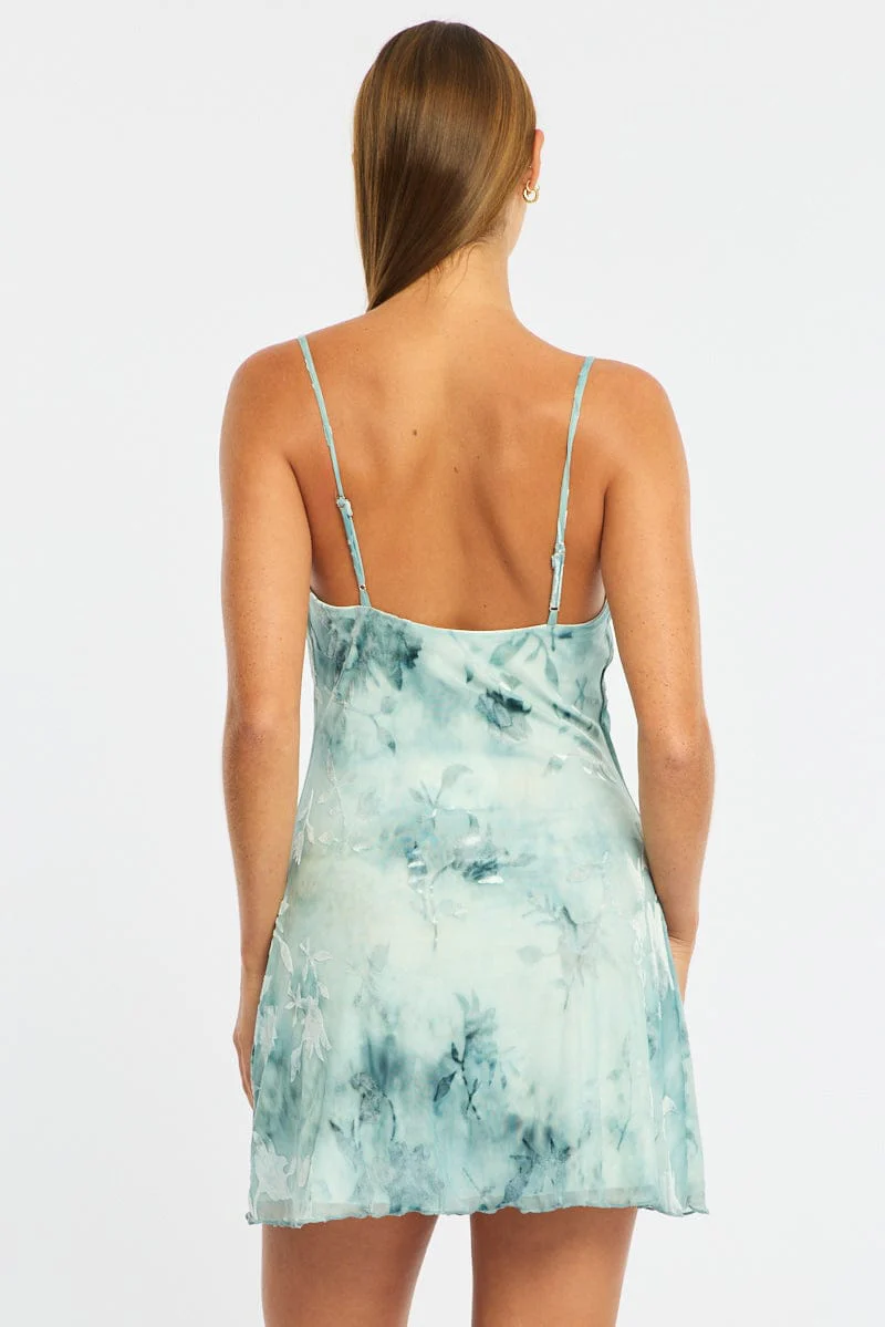 Blue Floral Mini Dress Burnout Fabric - Image 6