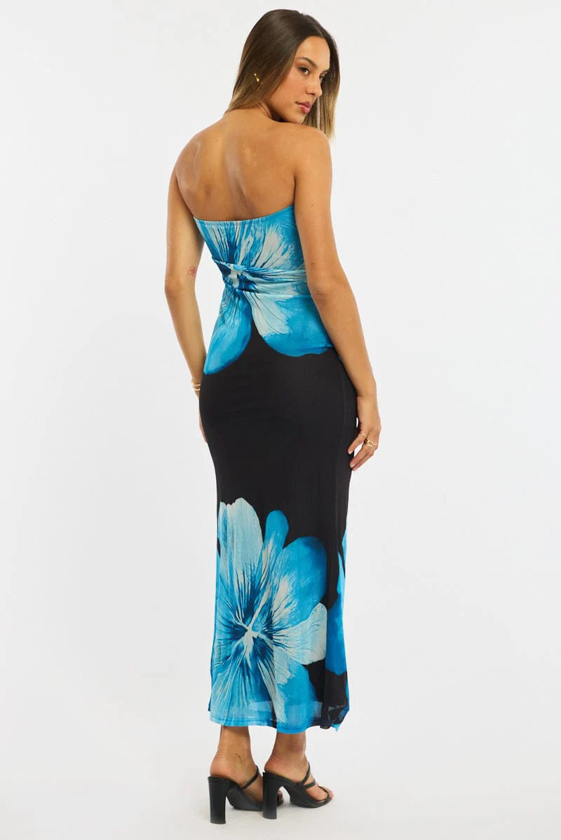 Blue Floral Strapless Maxi Dress - Image 4