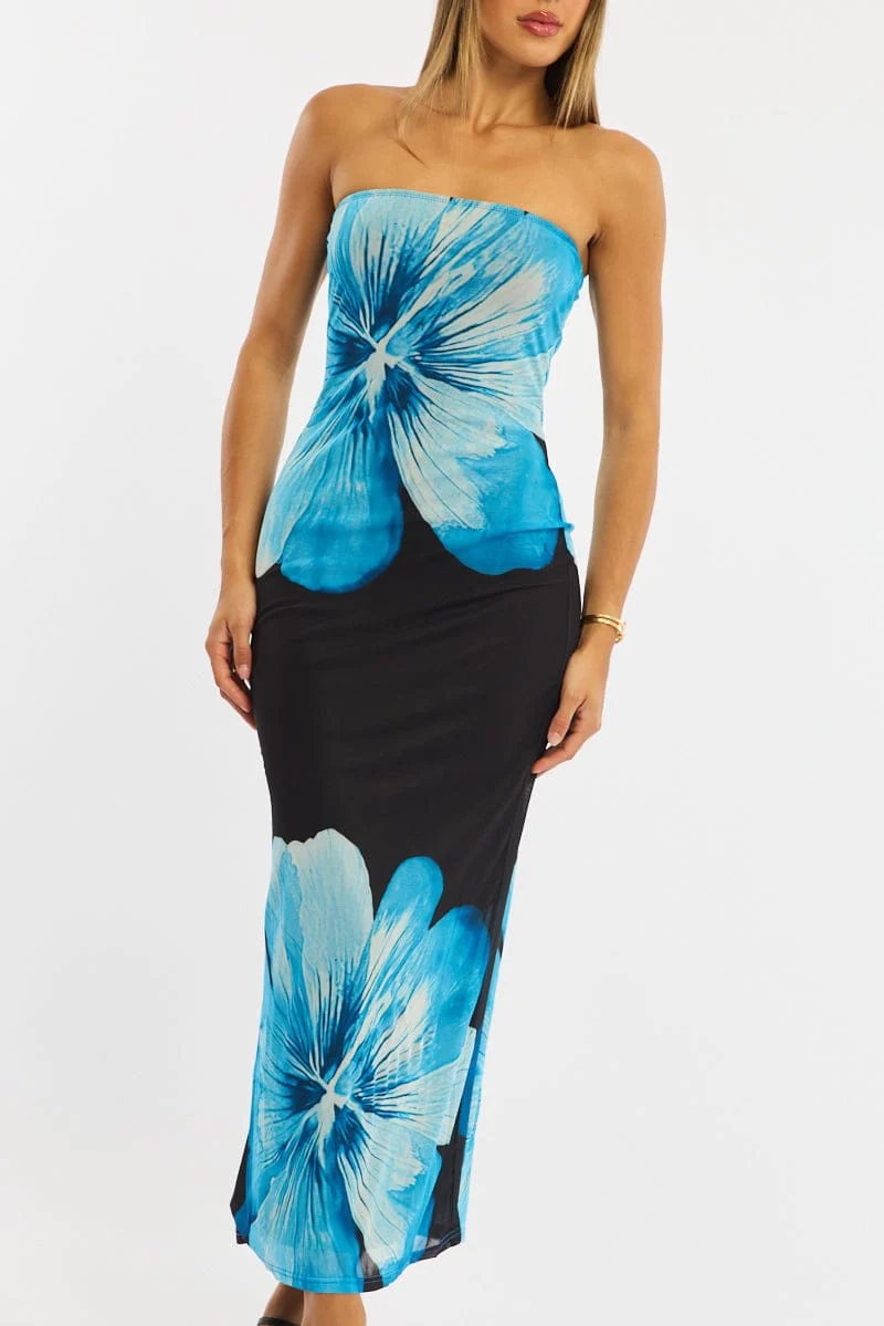 Blue Floral Strapless Maxi Dress - Image 5