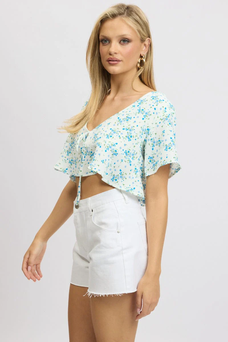 Blue Floral Tie Up Top Short Sleeve Crop - Image 4