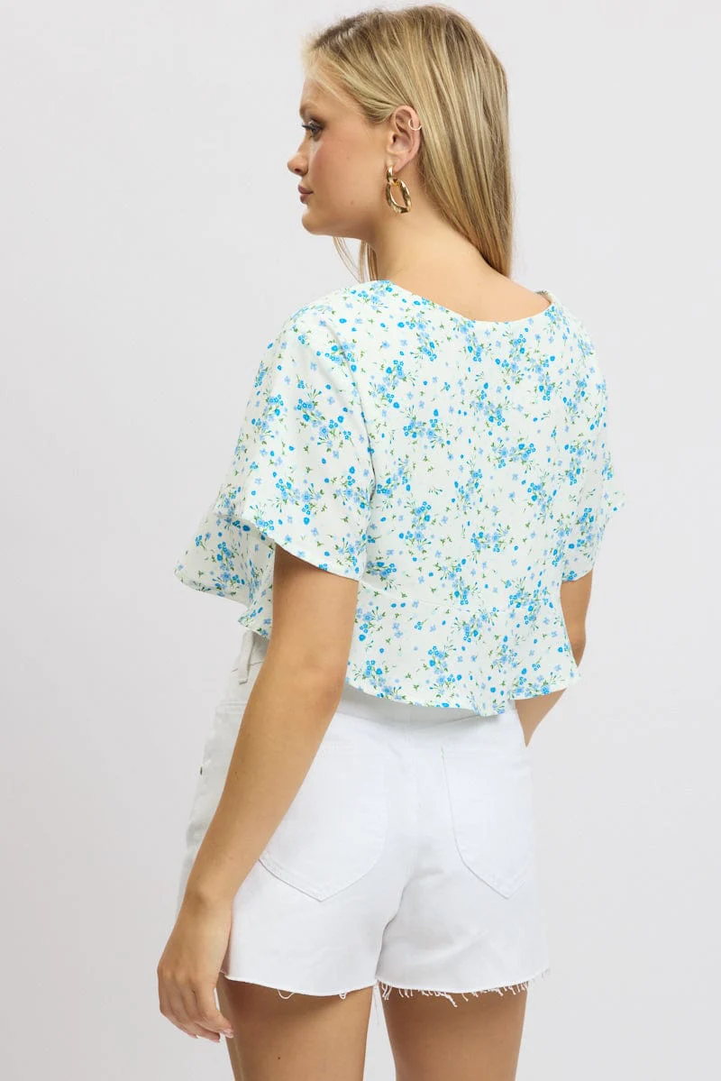 Blue Floral Tie Up Top Short Sleeve Crop - Image 5