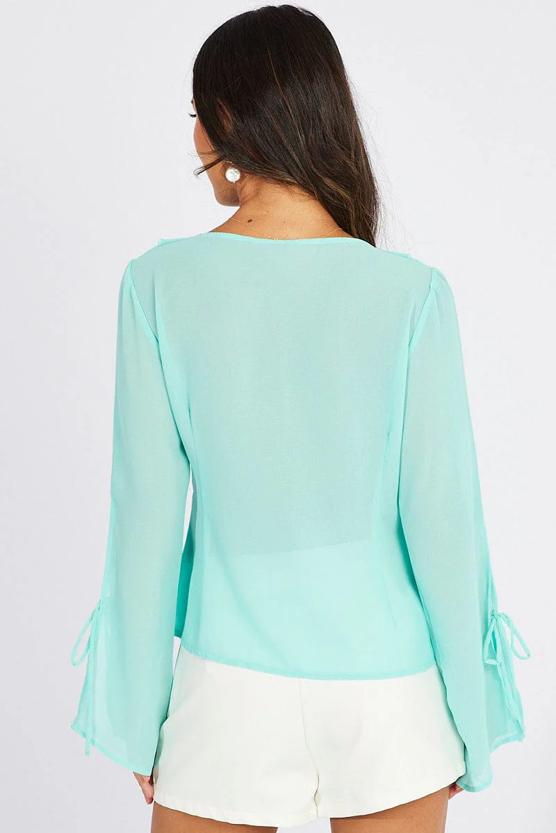 Blue Frill Split Top Tie Front Long Sleeve - Image 5