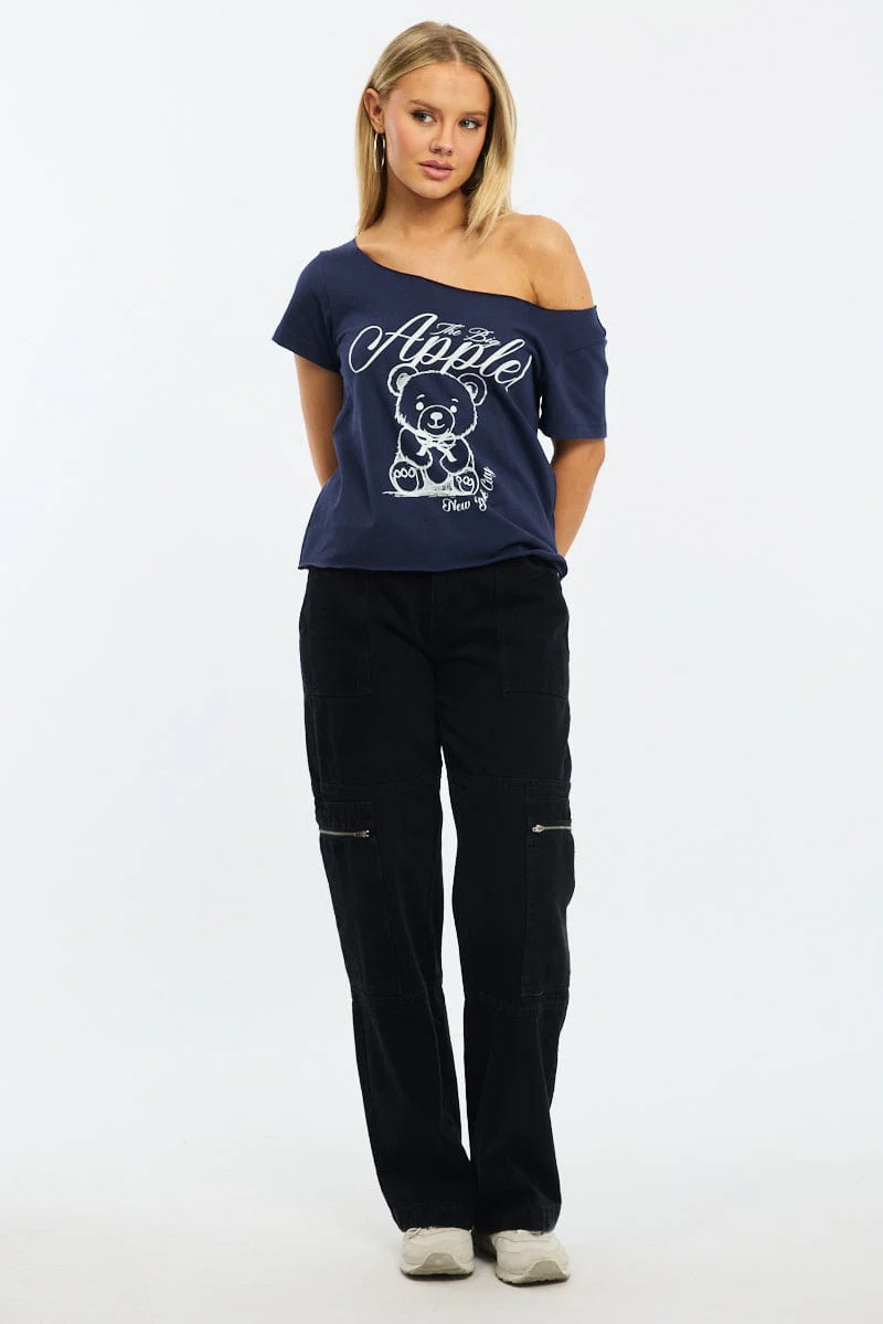 Blue Graphic Tee Off Shoulder - Image 2