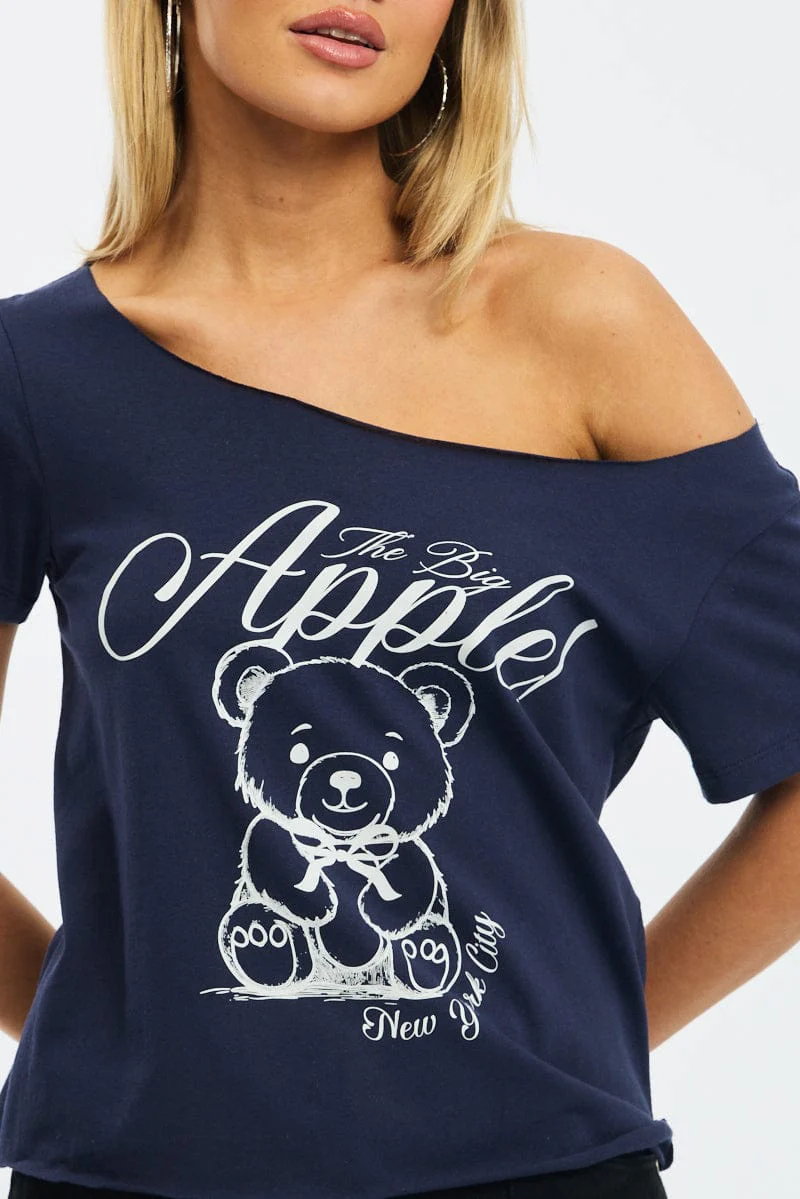 Blue Graphic Tee Off Shoulder - Image 5