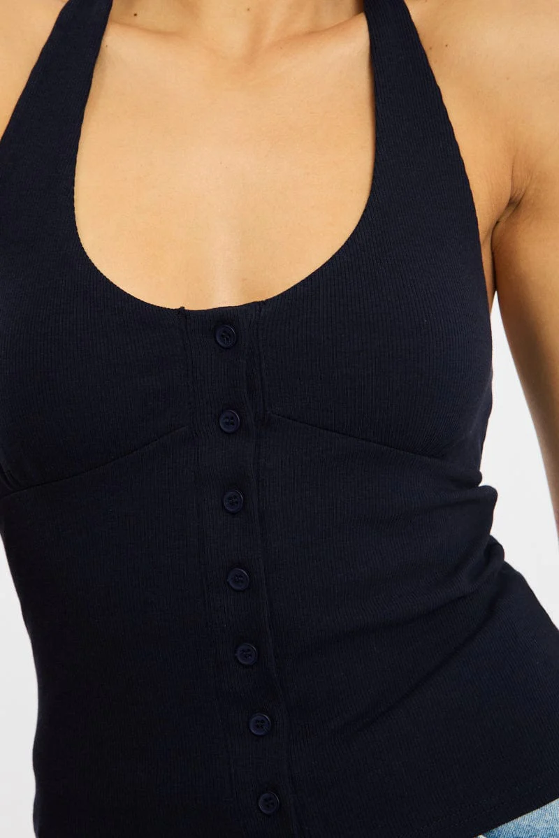Blue Halter Neck Top Button Front Rib - Image 5
