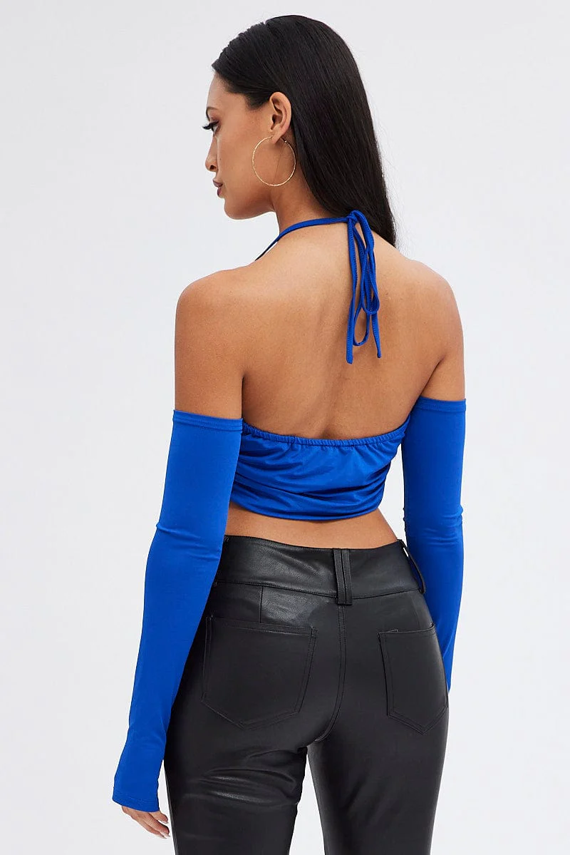 Blue Halter Top Long Sleeve Crop Top - Image 5