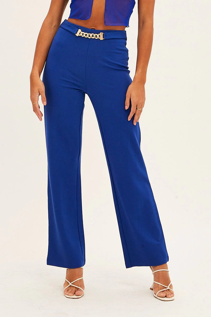 Blue High Waist Pant Straight Leg Chain Belt - Image 3
