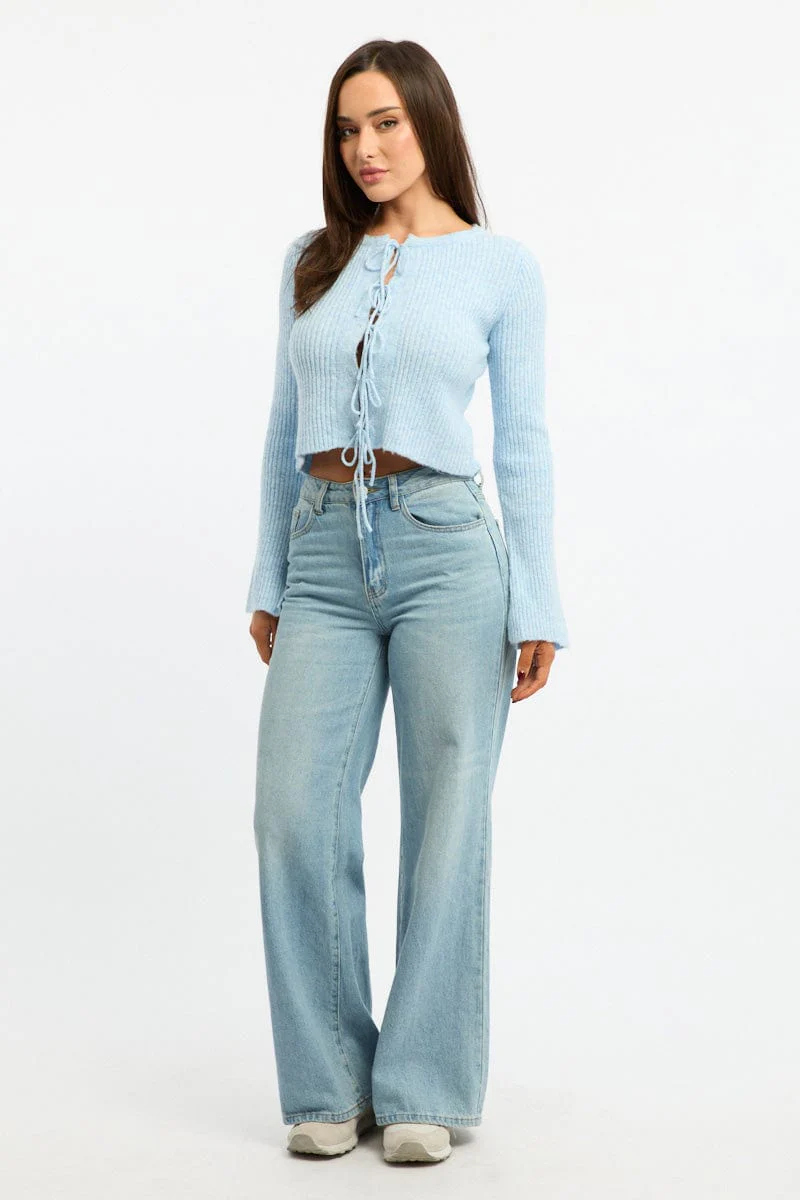 Blue Knit Cardigan Tie Up Long Sleeve - Image 2