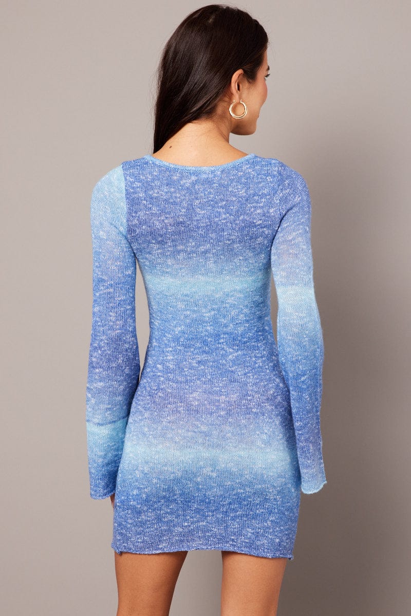 Blue Knit Dress Long Sleeve Mini - Image 5