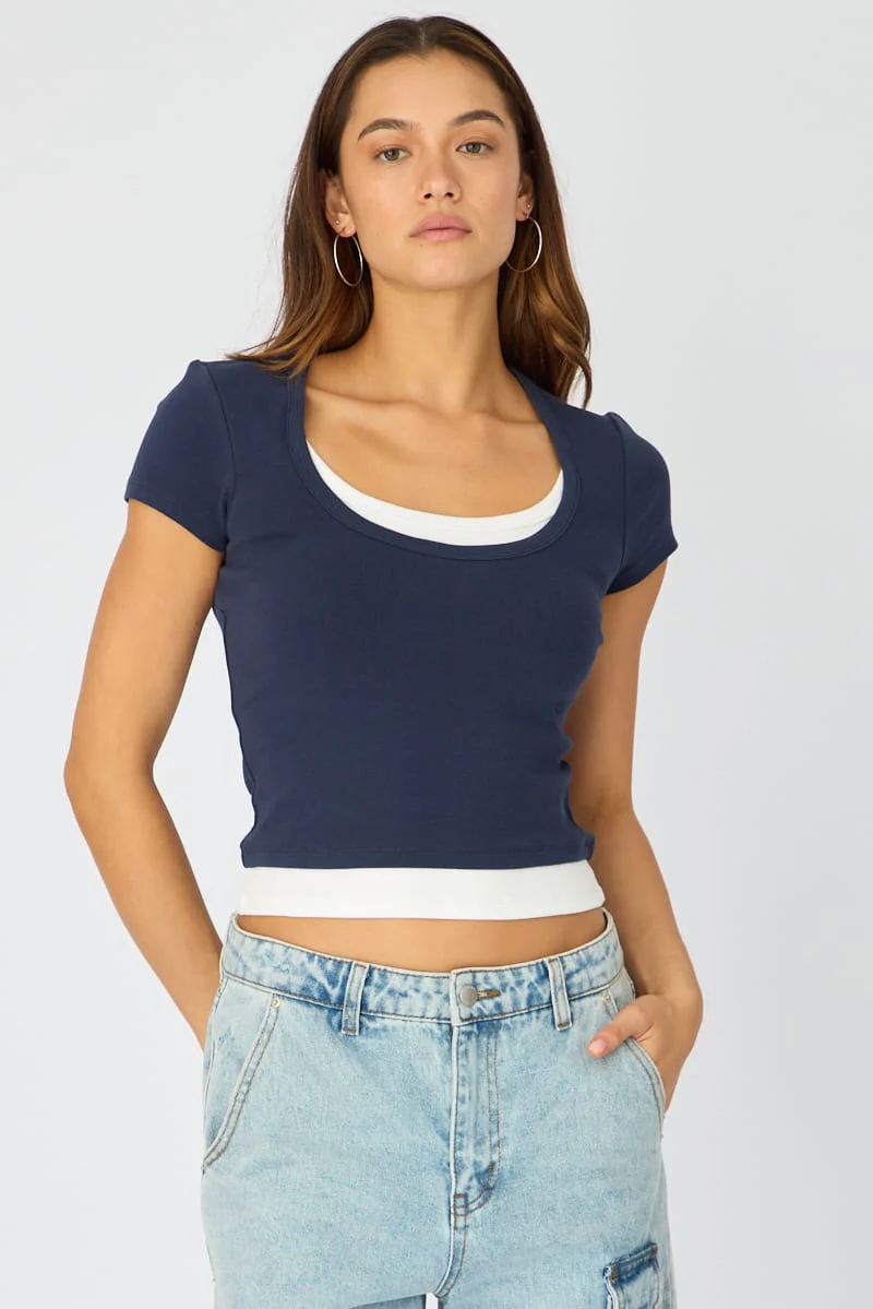 Blue Layered Scoop Neck Short Sleeve Top