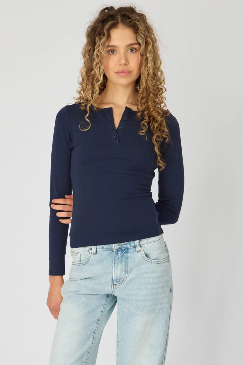 Blue Long Sleeve Henley Shirt - Image 2