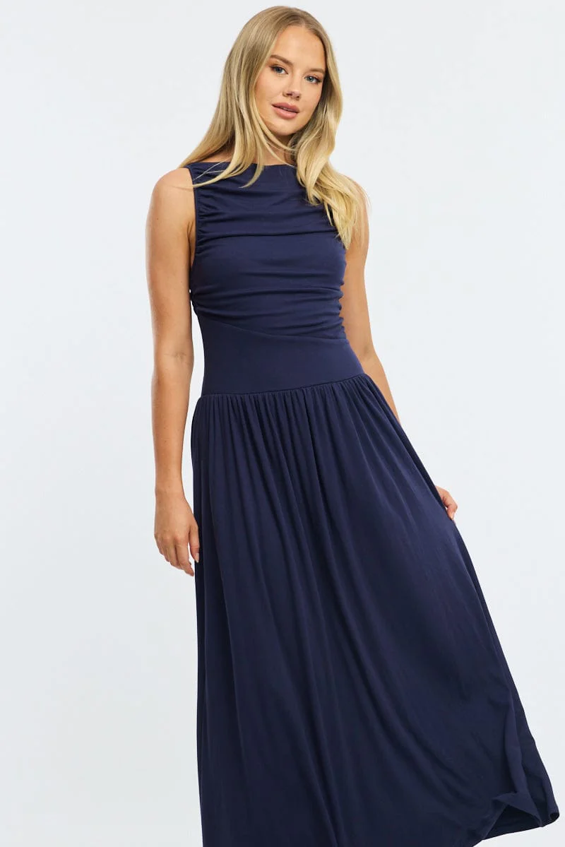 Blue Maxi Dress Boat Neck - Image 2