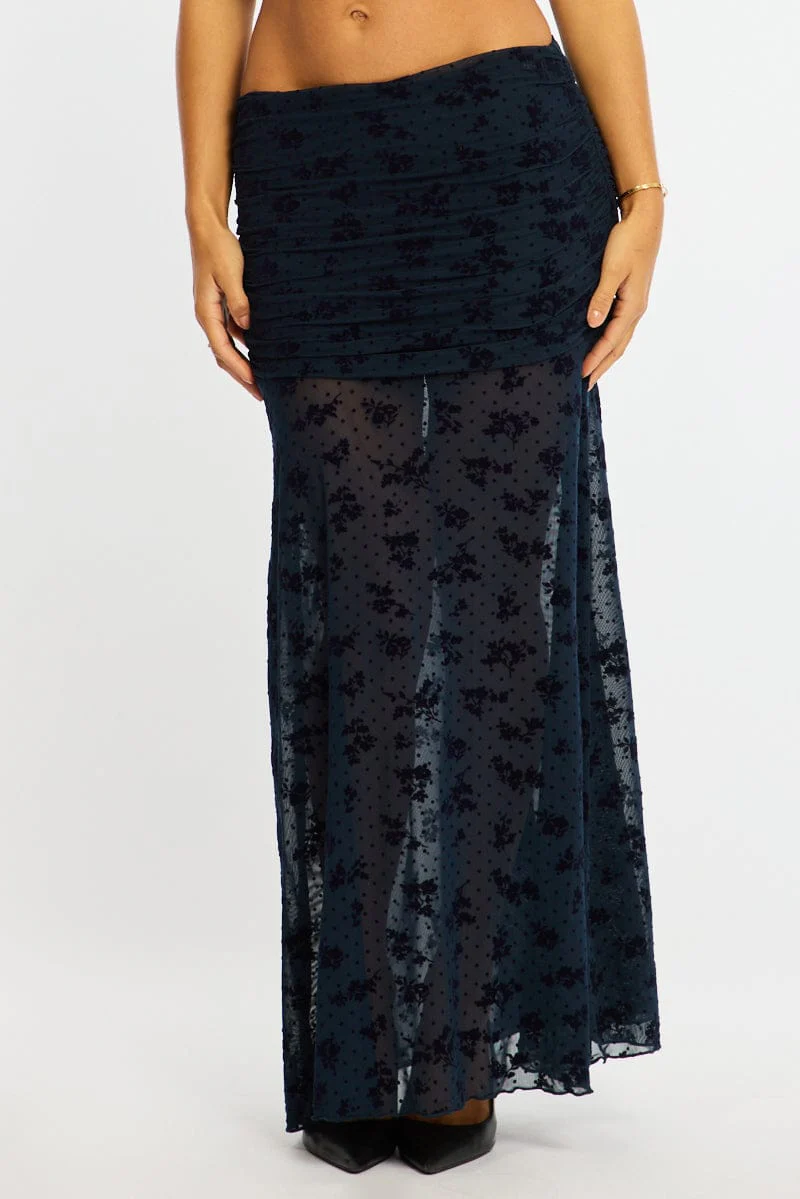 Blue Maxi Skirt High Waisted Fit & Flare Burnout - Image 2