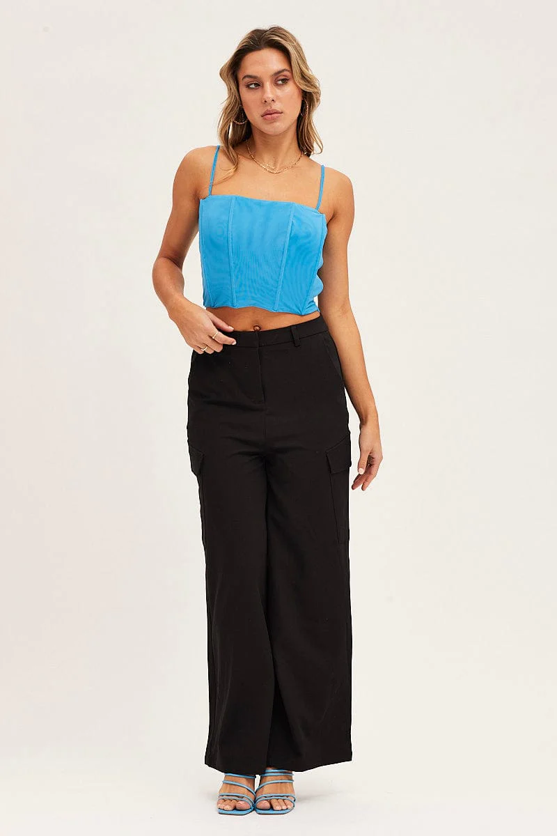 Blue Mesh Sleeveless Corset Detail Singlet Top - Image 3