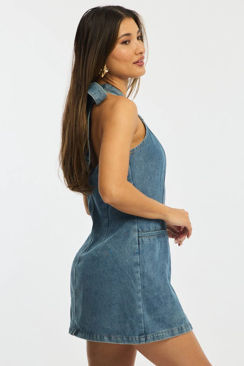 Blue Mini Dress Button Down Halter Neck - Image 5