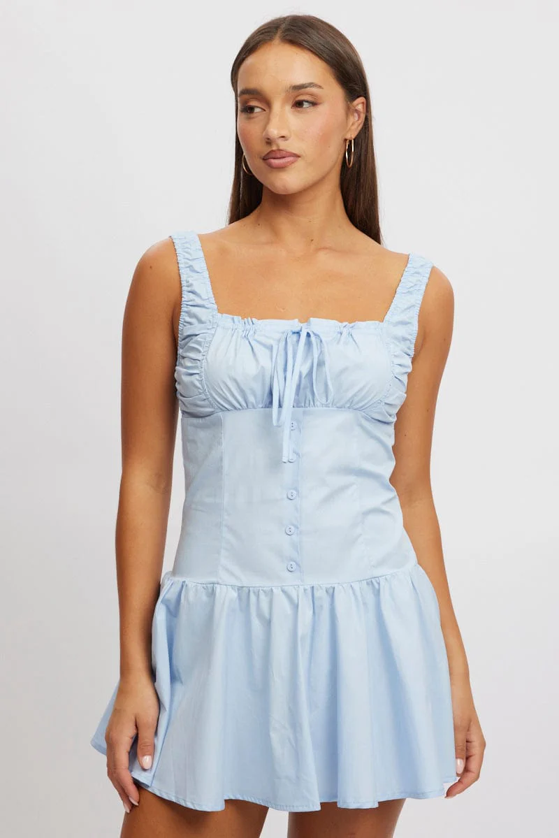 Blue Mini Dress Drop Waist Poplin - Image 3