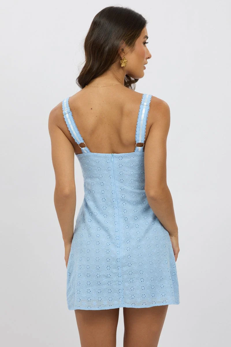 Blue Mini Dress Lace Trim Sleeveless Eyelet Fabric - Image 5