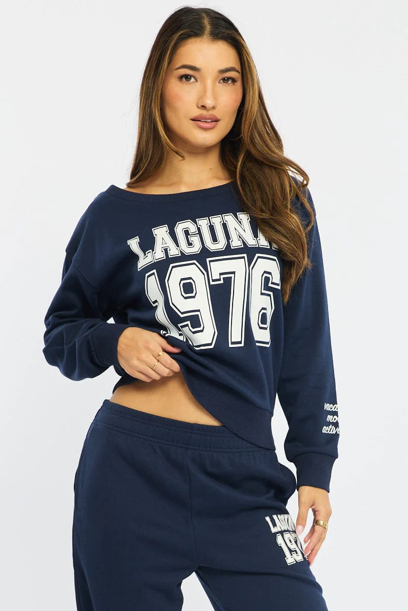 Blue Off Shoulder Sweater Long Sleeve