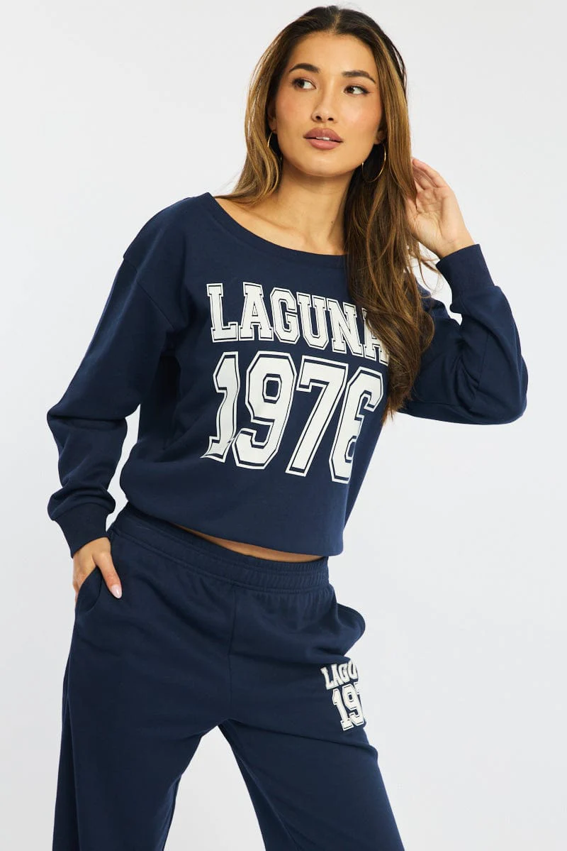 Blue Off Shoulder Sweater Long Sleeve - Image 3