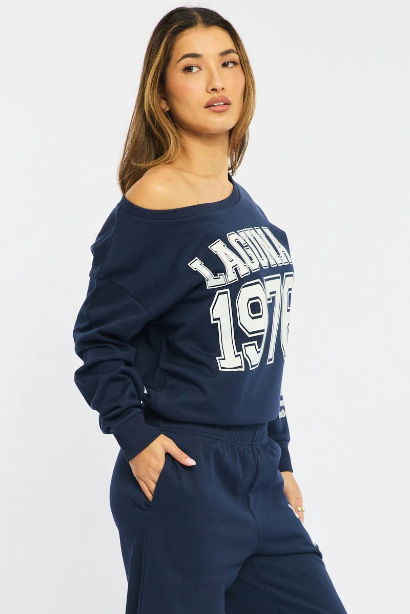 Blue Off Shoulder Sweater Long Sleeve - Image 4