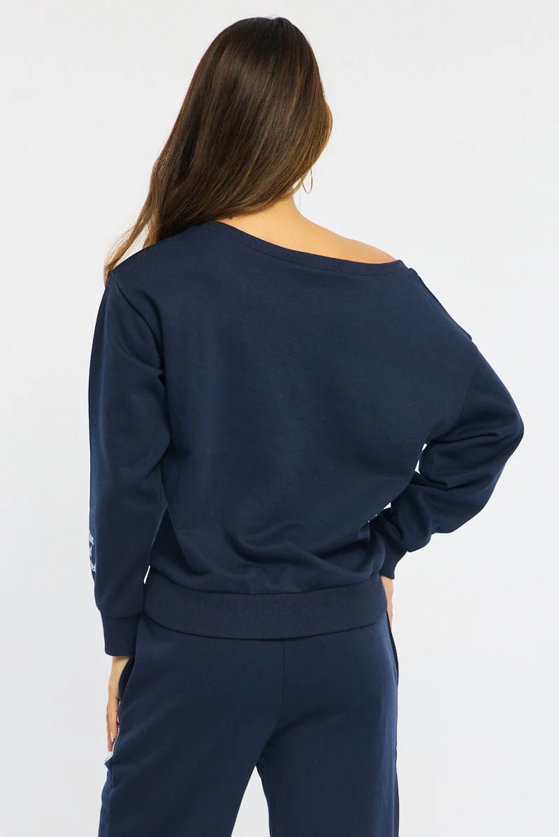 Blue Off Shoulder Sweater Long Sleeve - Image 5