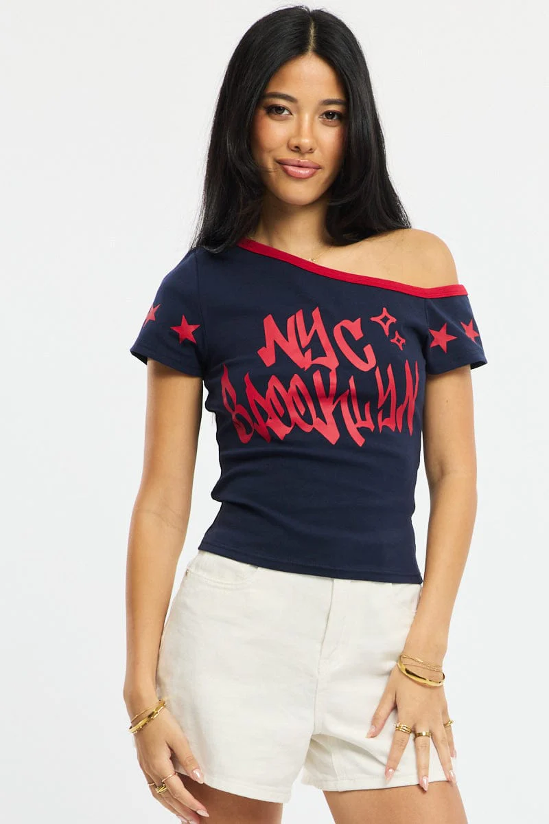 Blue One Shoulder Graphic Tee