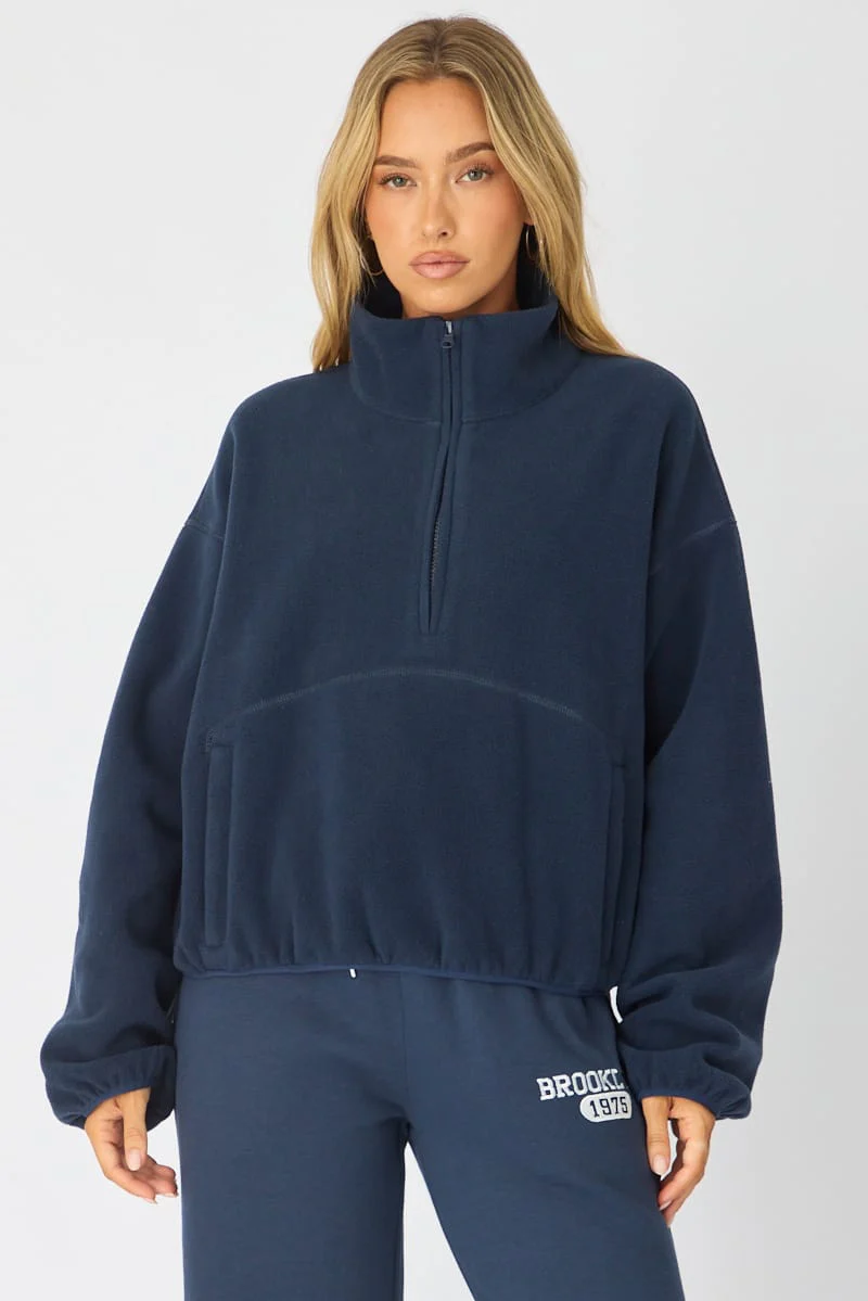 Blue Oversized Fit Long Sleeve Fleece Sweater - Image 3