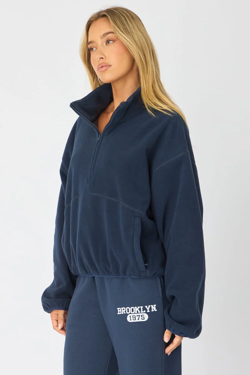 Blue Oversized Fit Long Sleeve Fleece Sweater - Image 4